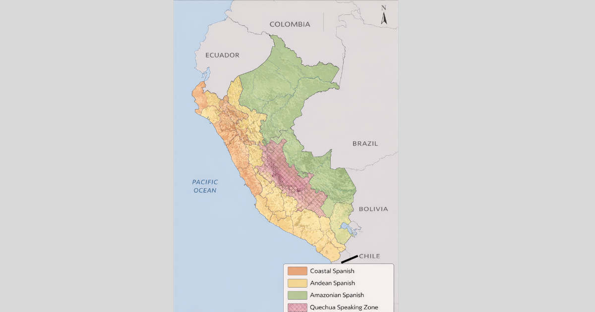 Map of Spanish dialects and Quechua usage in Peru