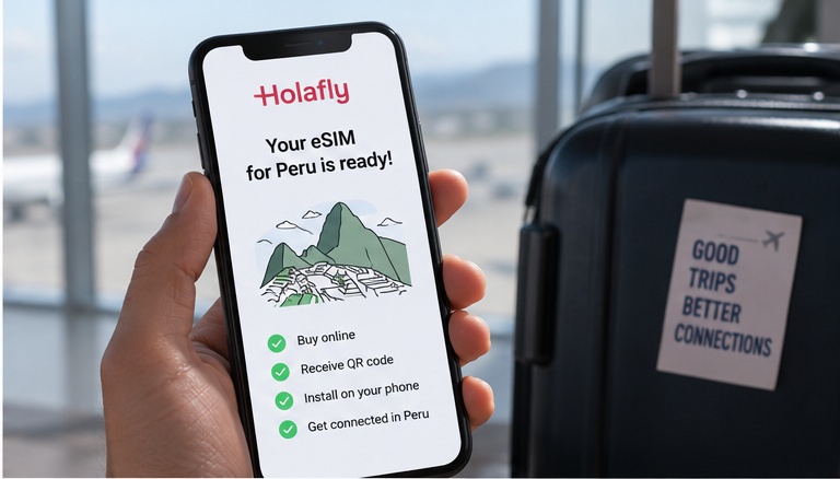 Smartphone showing a Holafly eSIM for Peru before travelling