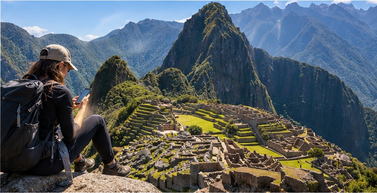 Traveller using a smartphone at Machu Picchu, Peru