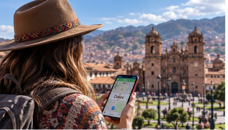 Traveller using a smartphone in Cusco, Peru Sim Card Peru