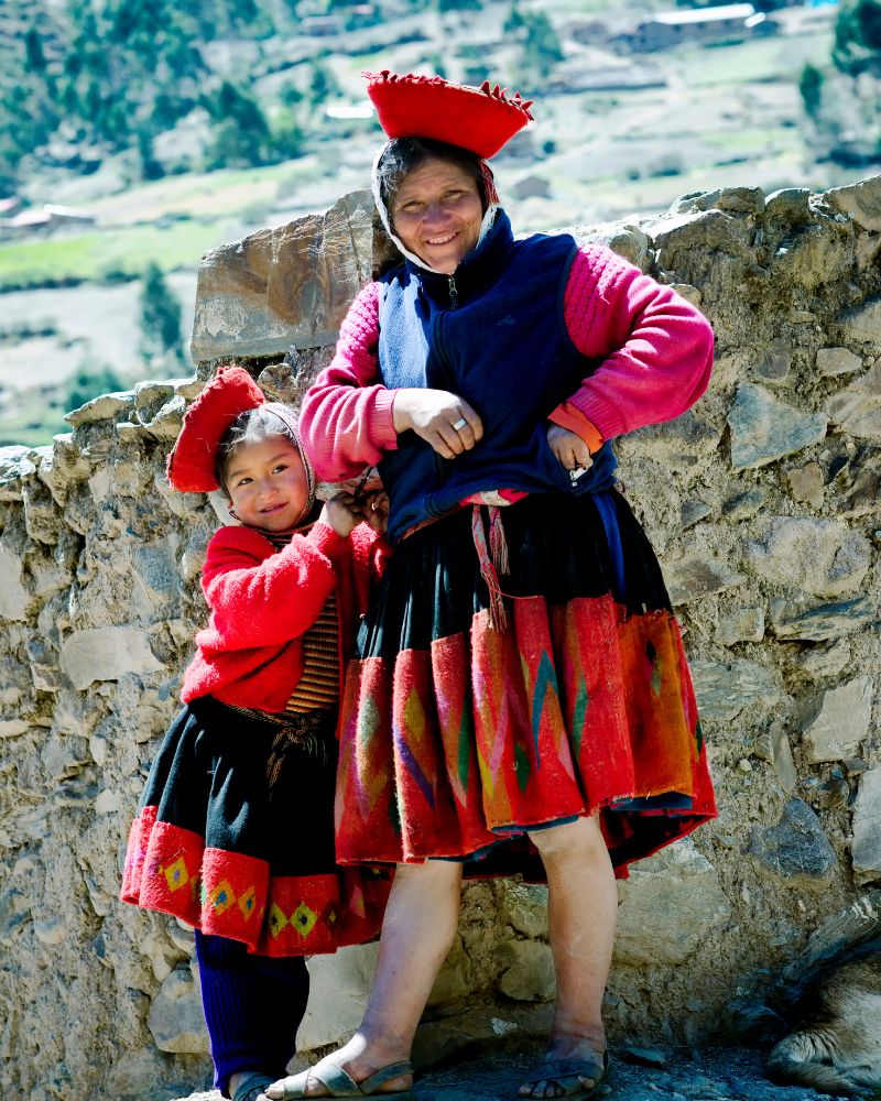 Local Quechua speakers in traditional Andean clothing near Cusco